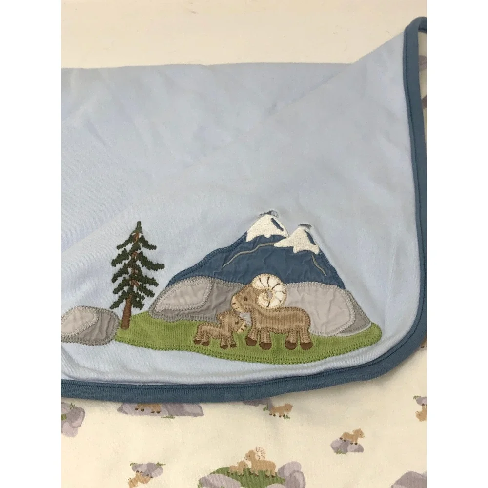 Gymboree Receiving Baby Blanket Blue Mountain Goat Embroidered‎ Cotton VTG 2006